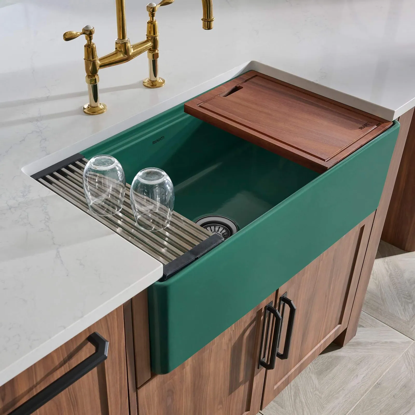 Ruvati 33 inch Fireclay Workstation Emerald Green Farmhouse Kitchen Sink Apron Front Single Bowl