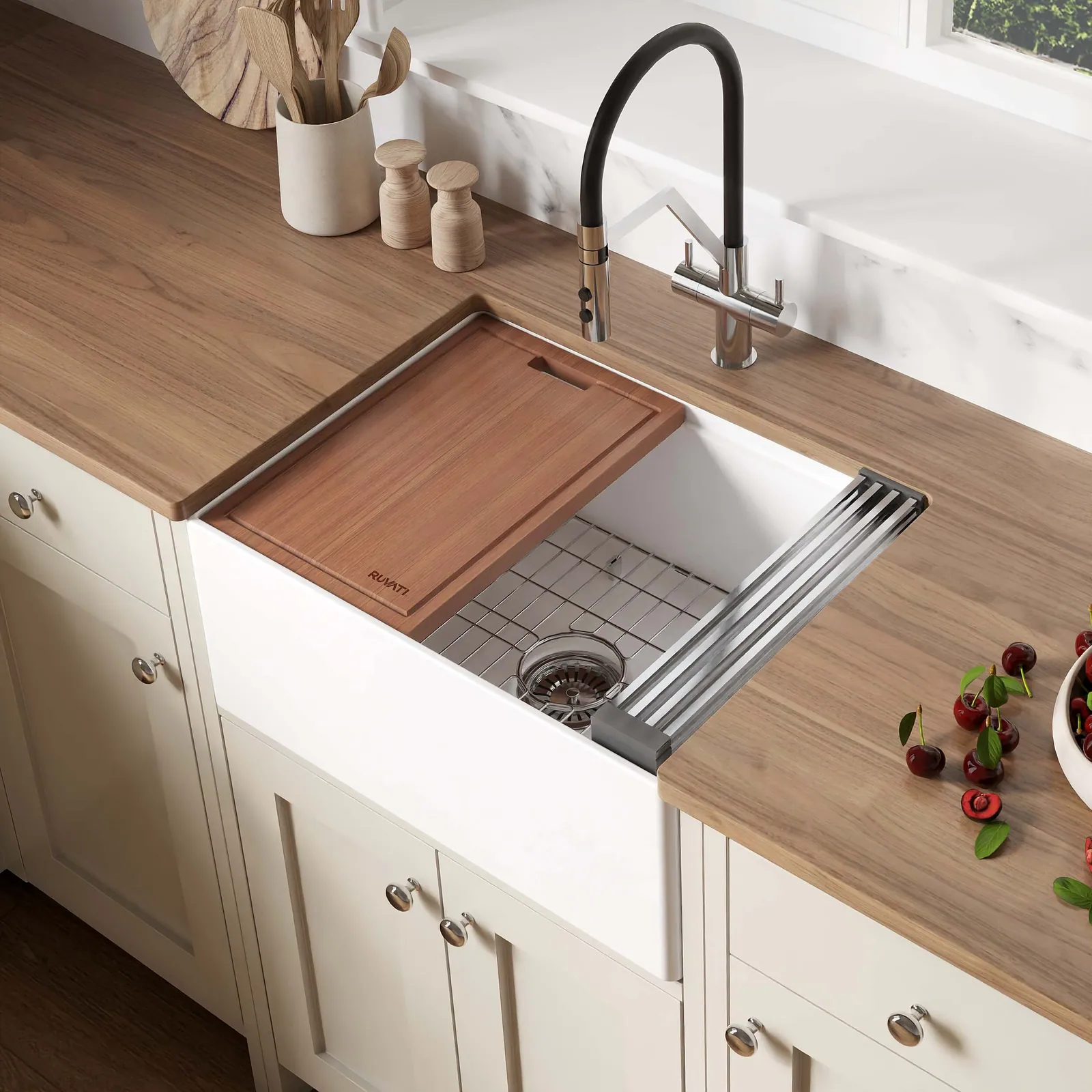 Ruvati 24 inch Fireclay Workstation White Farmhouse Kitchen Sink Apron Front Single Bowl