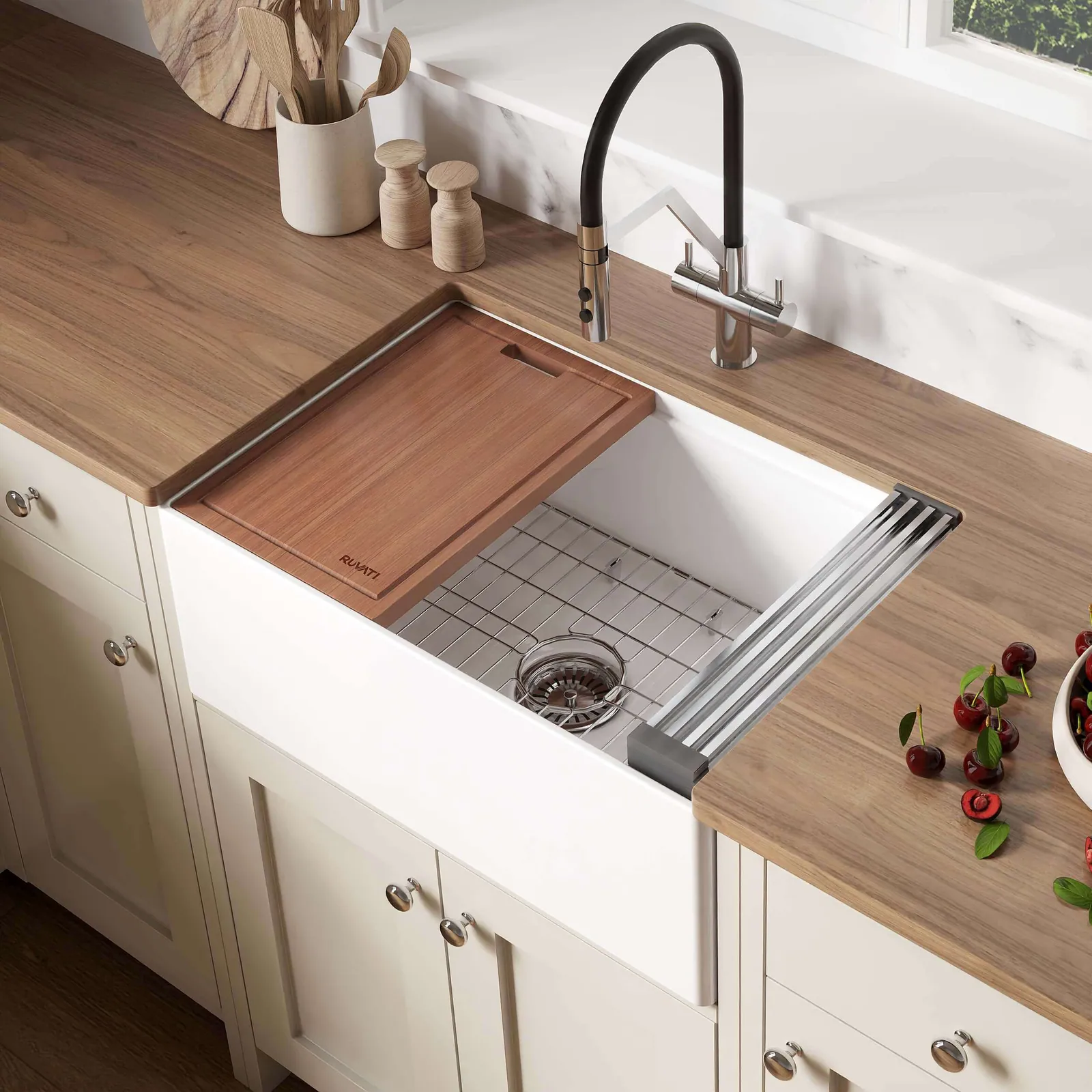 Ruvati 27 inch Fireclay Workstation White Farmhouse Kitchen Sink Apron Front Single Bowl