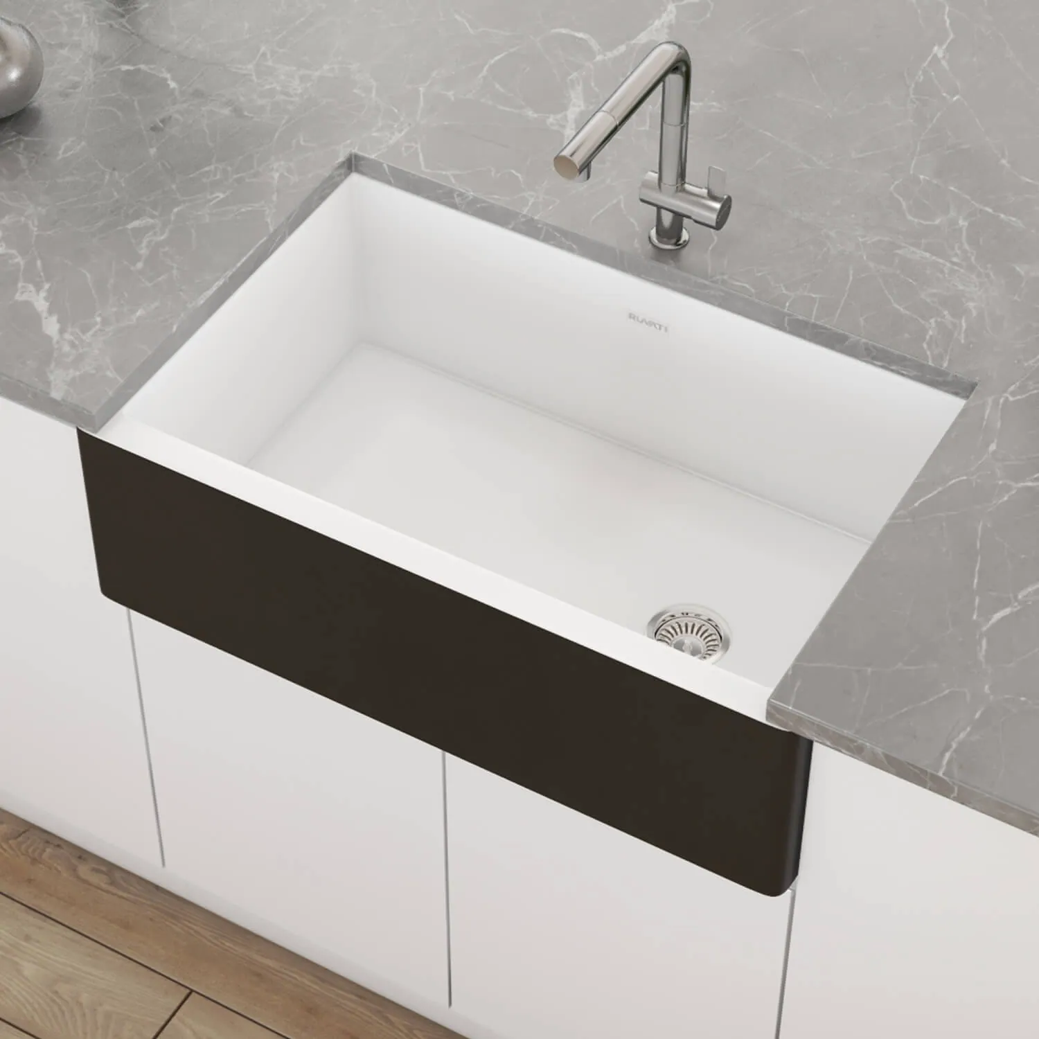 Ruvati Black and White 30-inch Fireclay Farmhouse Offset Drain Kitchen Sink Single Bowl
