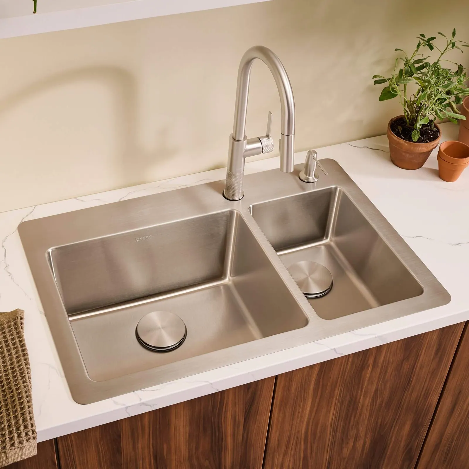 Ruvati 33 x 22 inch Drop-in Topmount Kitchen Sink 16 Gauge Stainless Steel 70/30 Double Bowl
